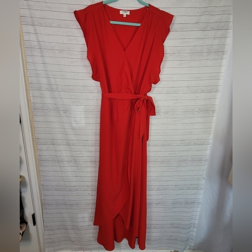 UMGEE RED FLUTTER SLEEVE FAUX WRAP MAXI DRESS, SZ LARGE loose flowy dress